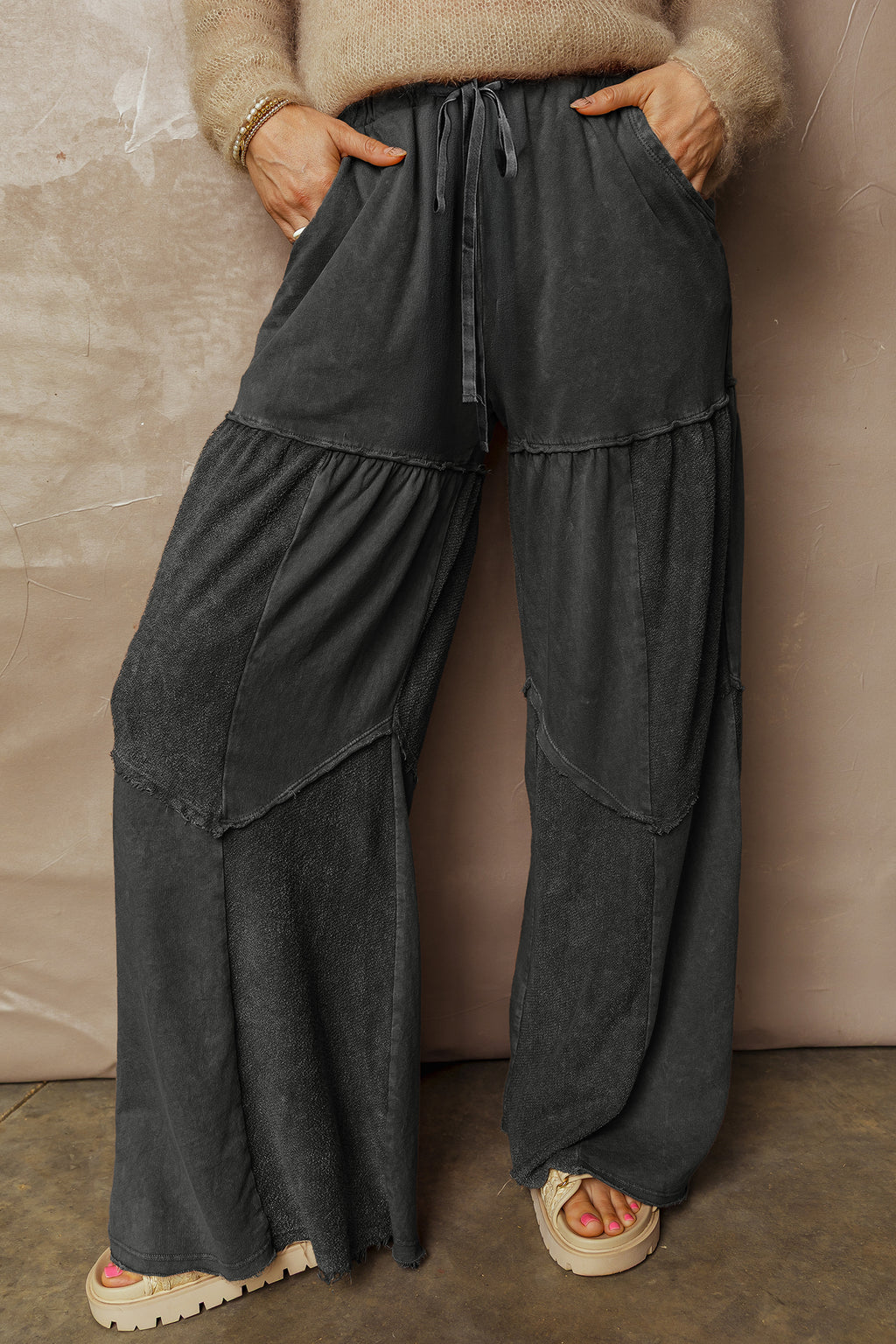 Careys Mineral Wash Tiered Wide Leg Patchwork Drawstring Pants