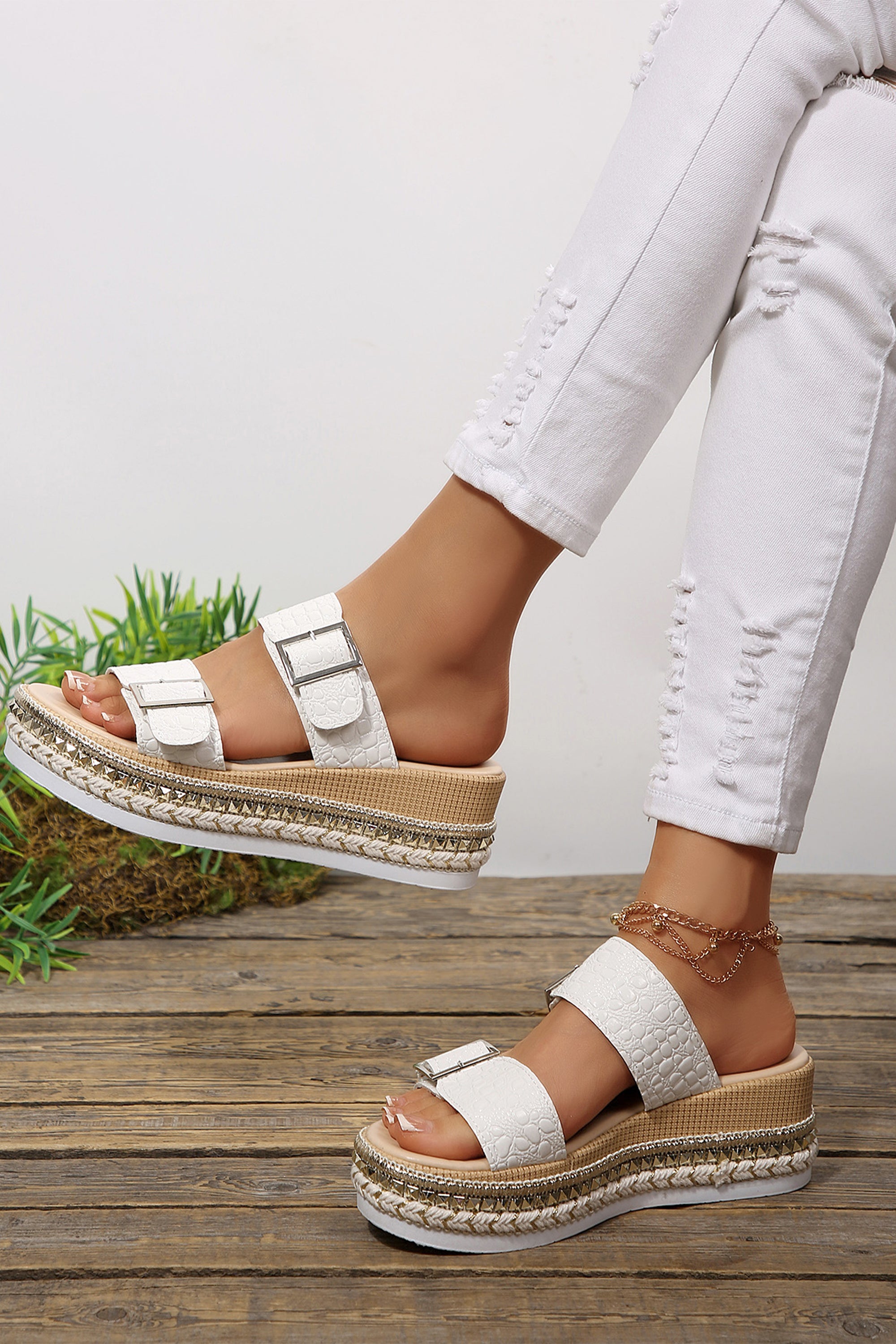 Gold Metallic Textured PU Leather Buckle Wedge Platform Slippers